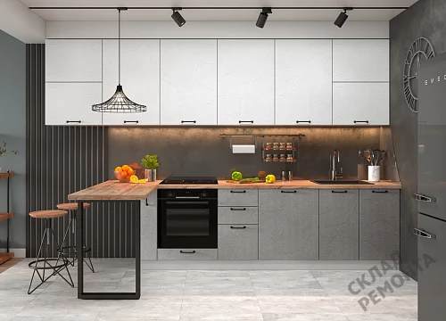 Фото Кухня ДСВ Лофт штукатурка белая/штукатурка серая – купить в Москве: цена, описание, фото. Интернет-магазин 2